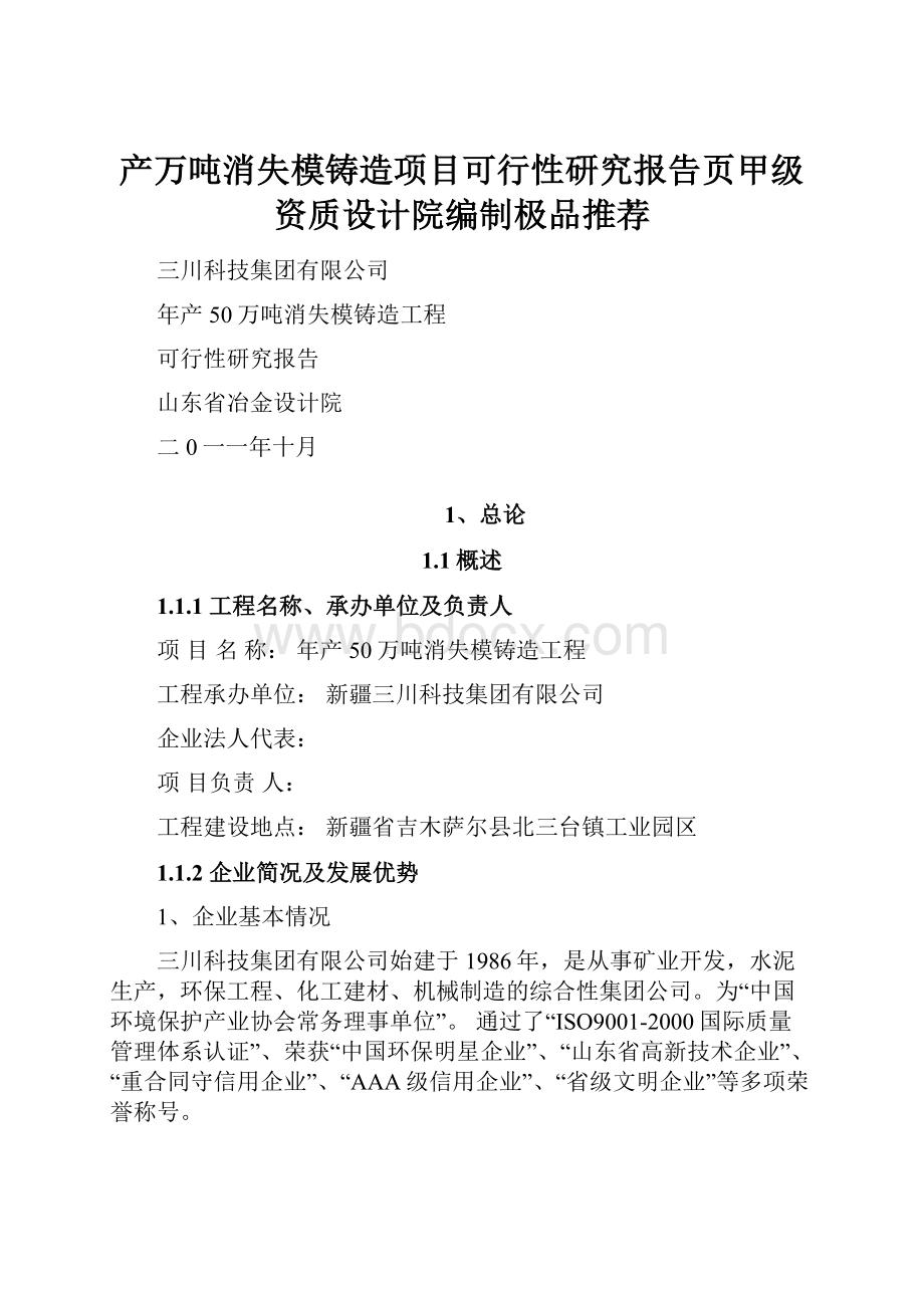 产万吨消失模铸造项目可行性研究报告页甲级资质设计院编制极品推荐.docx