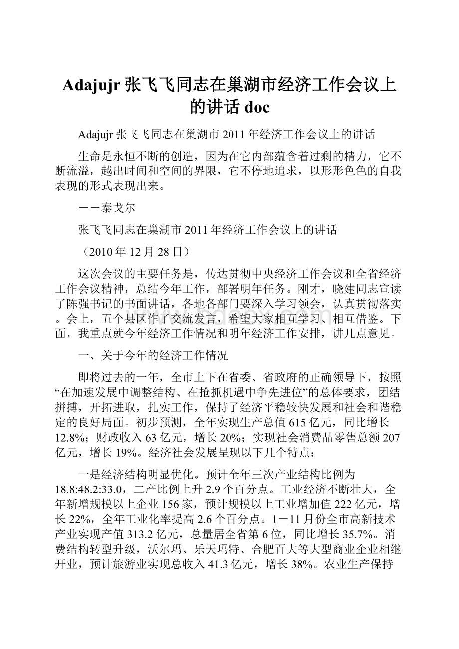 Adajujr张飞飞同志在巢湖市经济工作会议上的讲话doc.docx_第1页