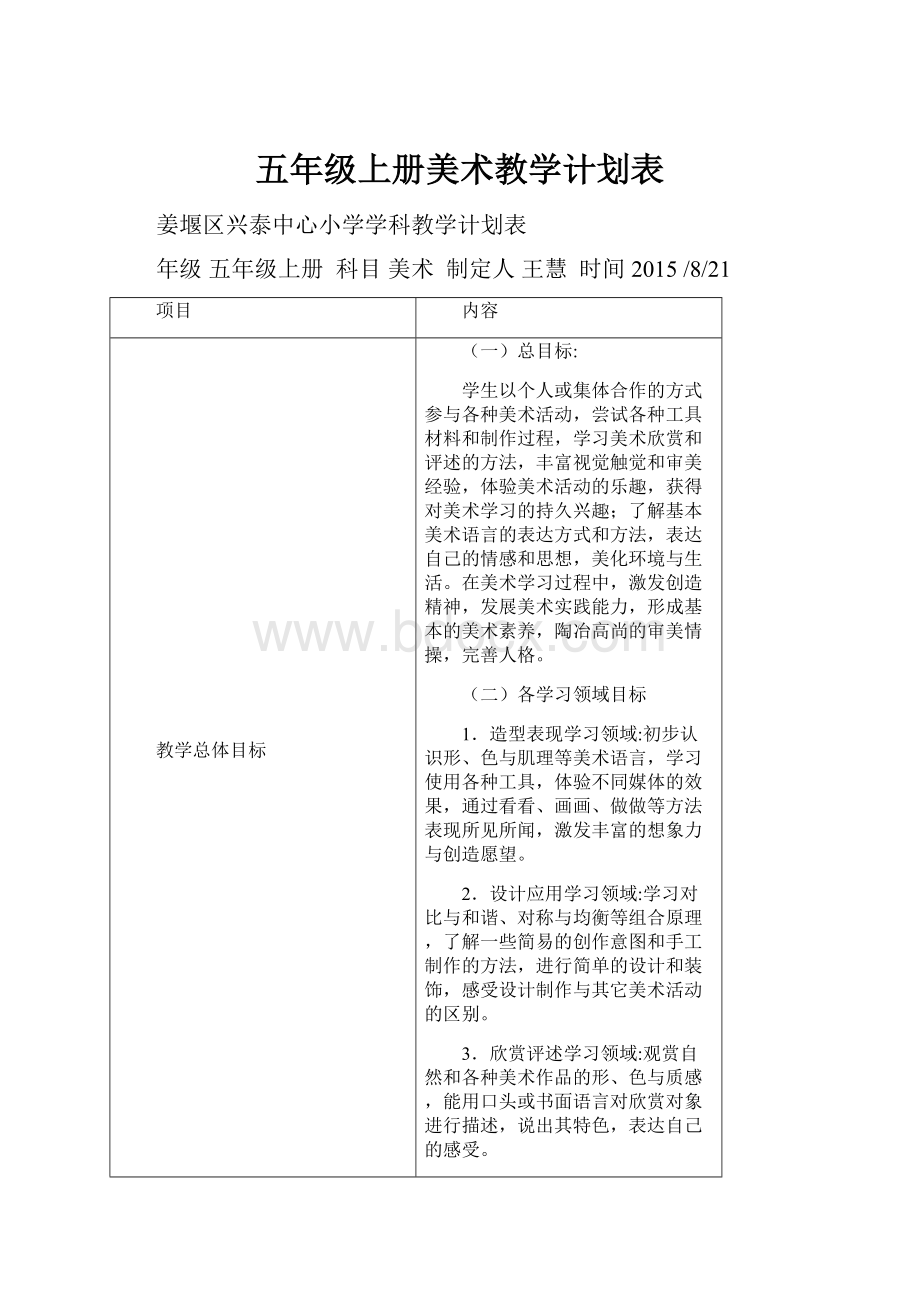 五年级上册美术教学计划表.docx_第1页