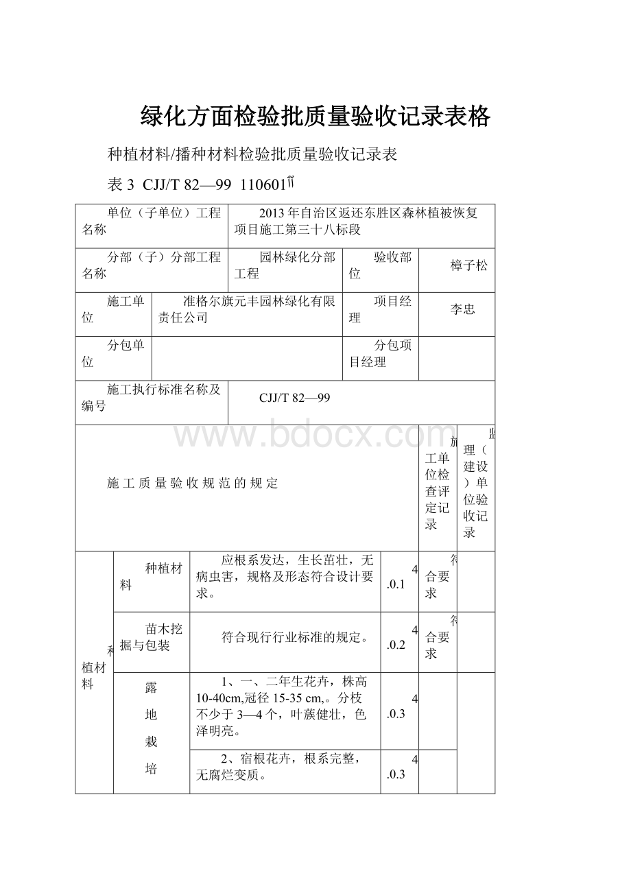 绿化方面检验批质量验收记录表格.docx_第1页