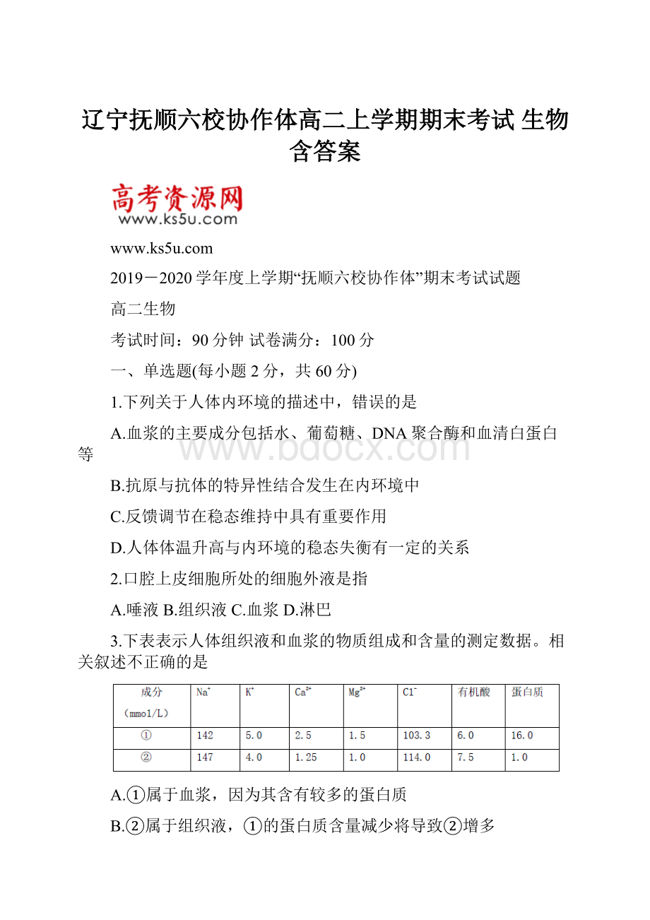 辽宁抚顺六校协作体高二上学期期末考试 生物含答案.docx_第1页