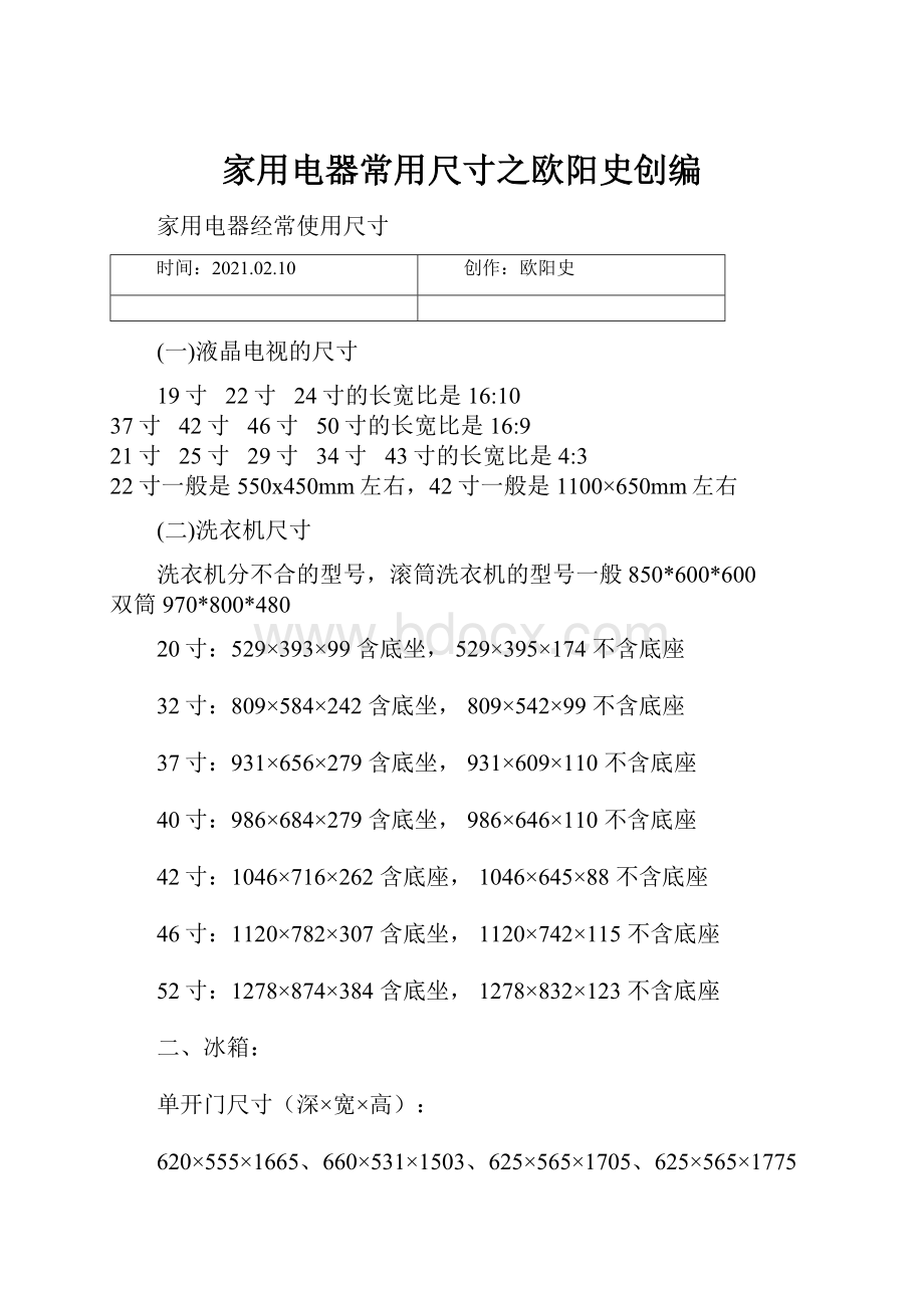 家用电器常用尺寸之欧阳史创编.docx