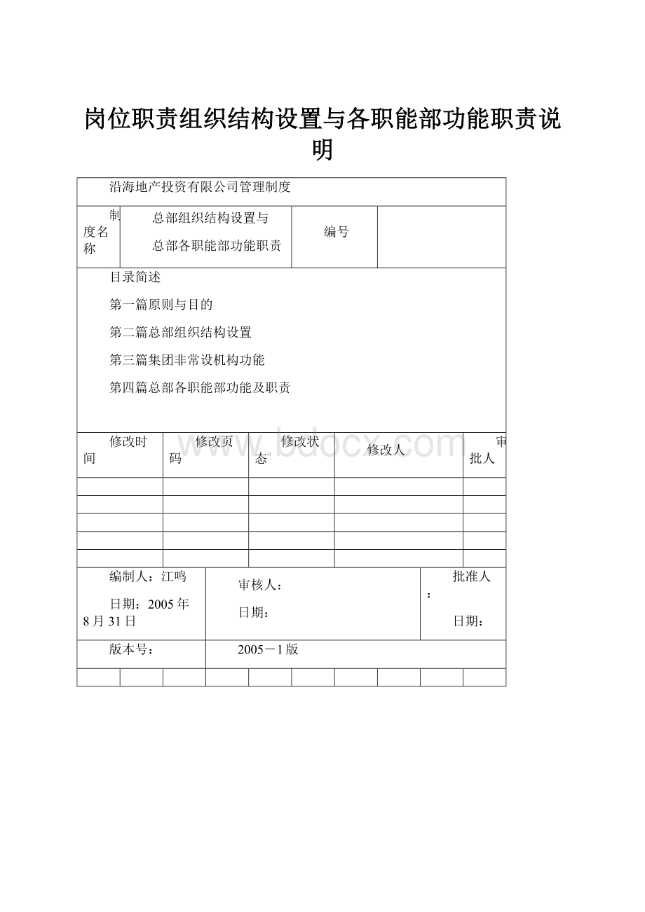 岗位职责组织结构设置与各职能部功能职责说明.docx