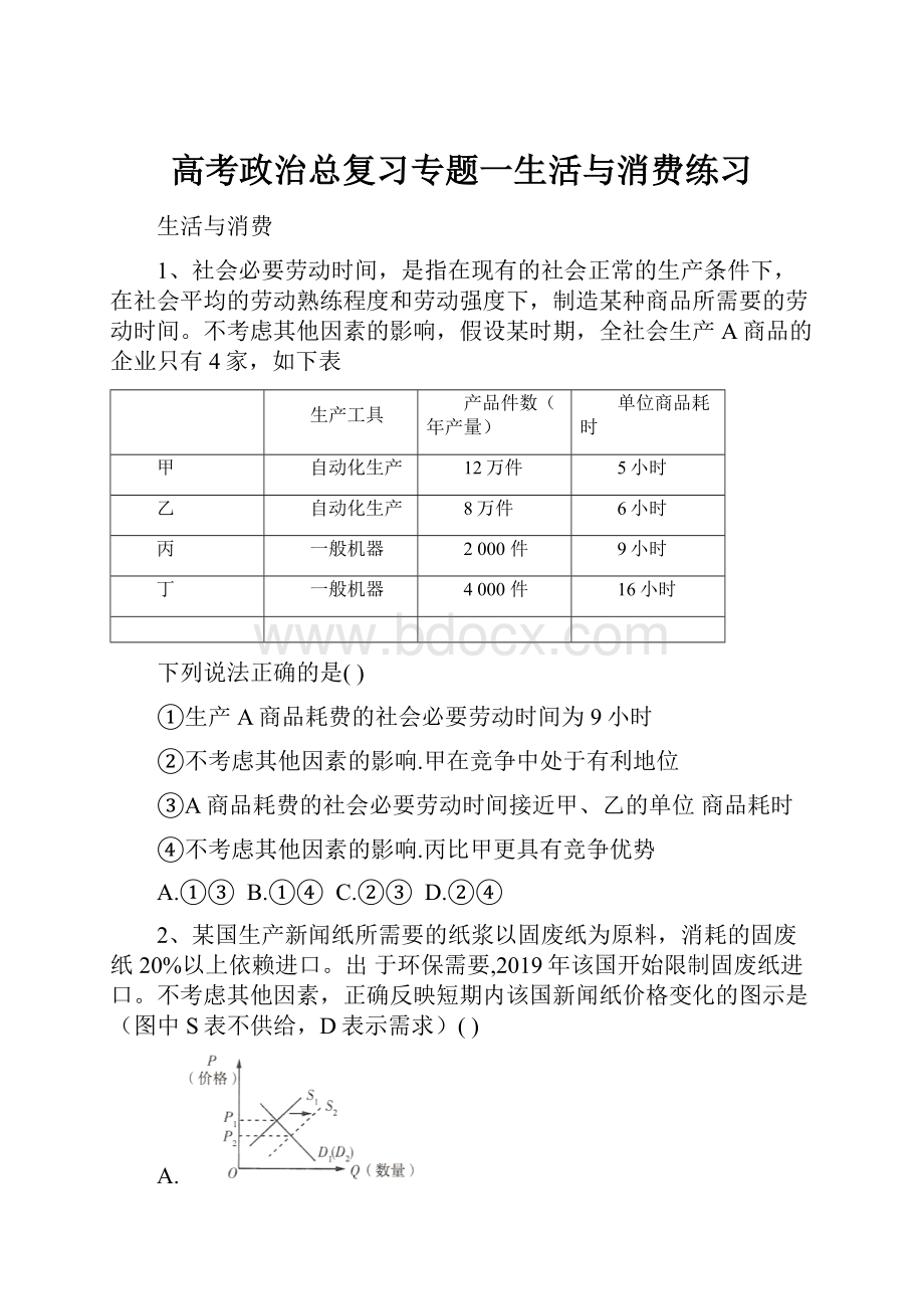 高考政治总复习专题一生活与消费练习.docx