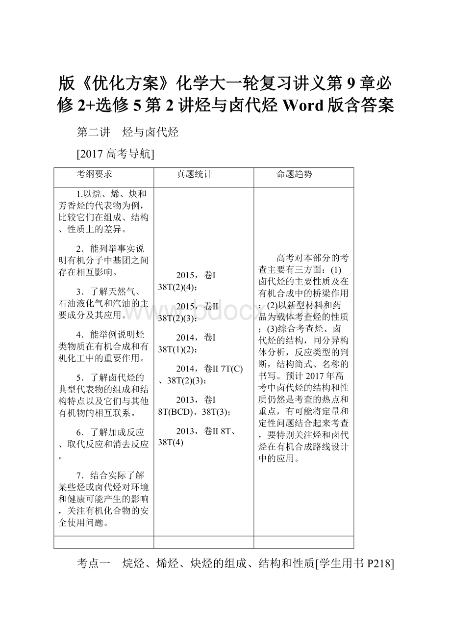 版《优化方案》化学大一轮复习讲义第9章必修2+选修5第2讲烃与卤代烃Word版含答案.docx