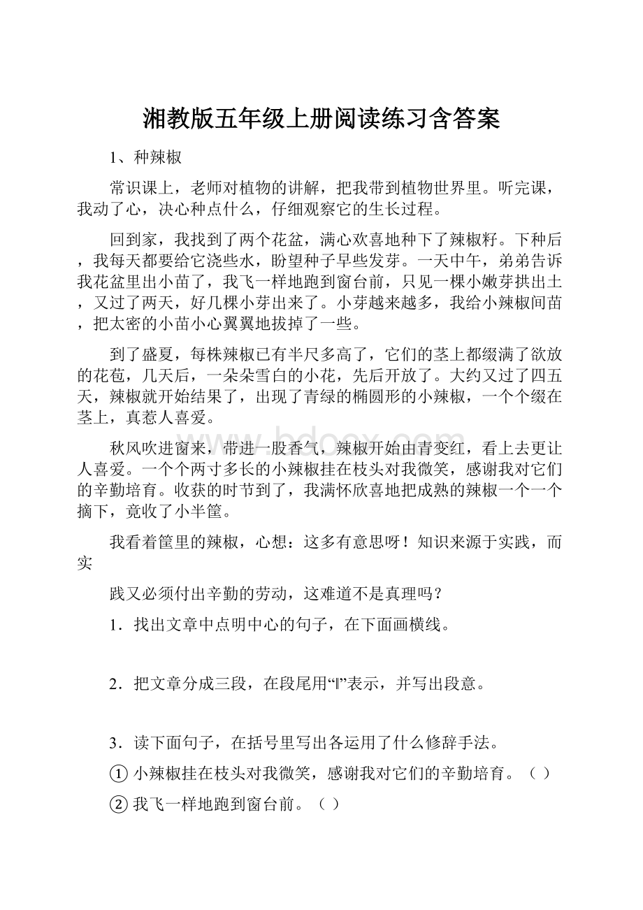 湘教版五年级上册阅读练习含答案.docx_第1页