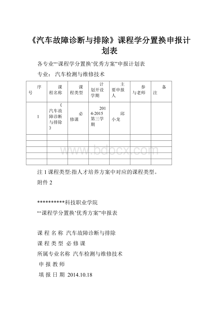 《汽车故障诊断与排除》课程学分置换申报计划表.docx_第1页