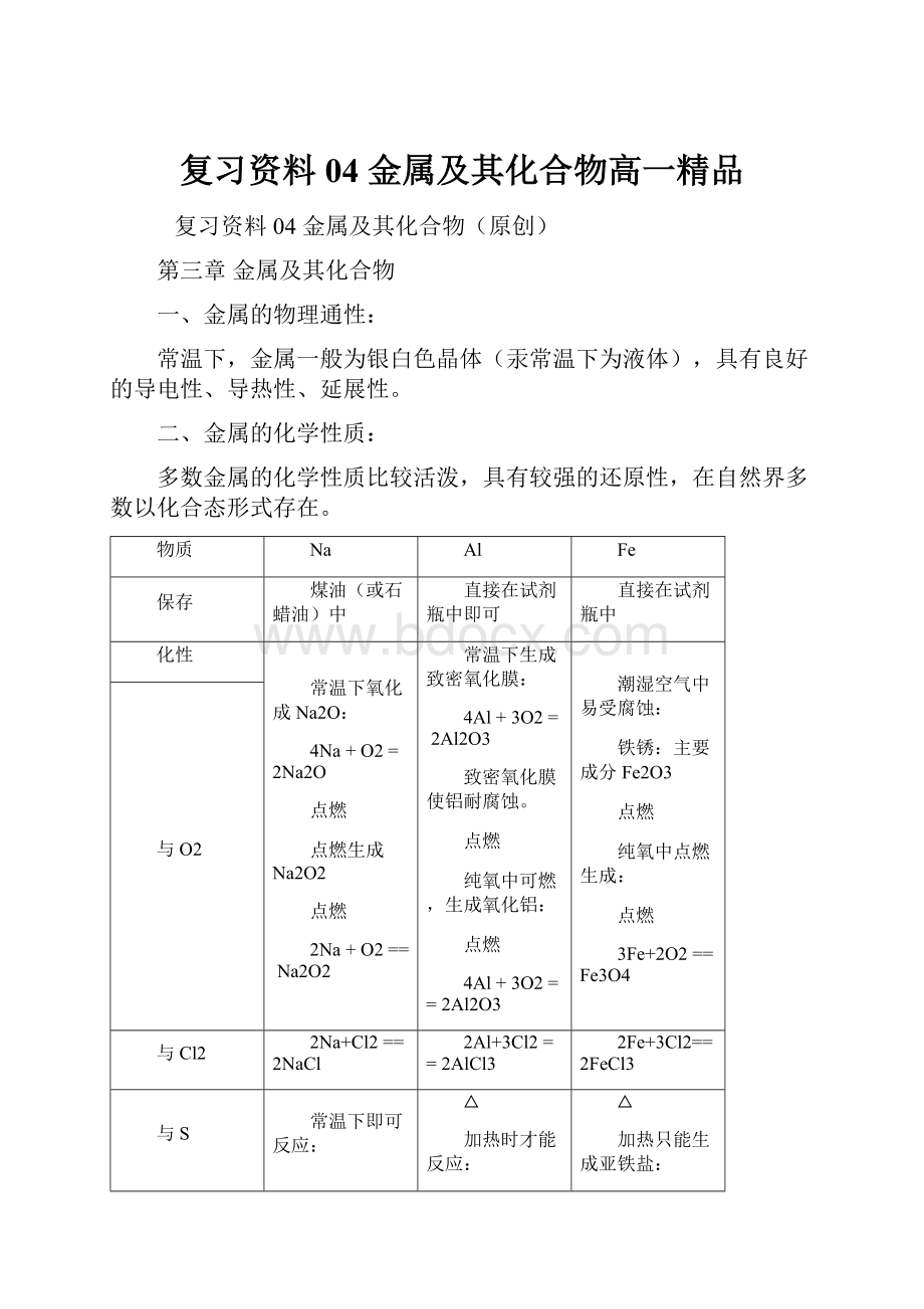 复习资料04 金属及其化合物高一精品.docx