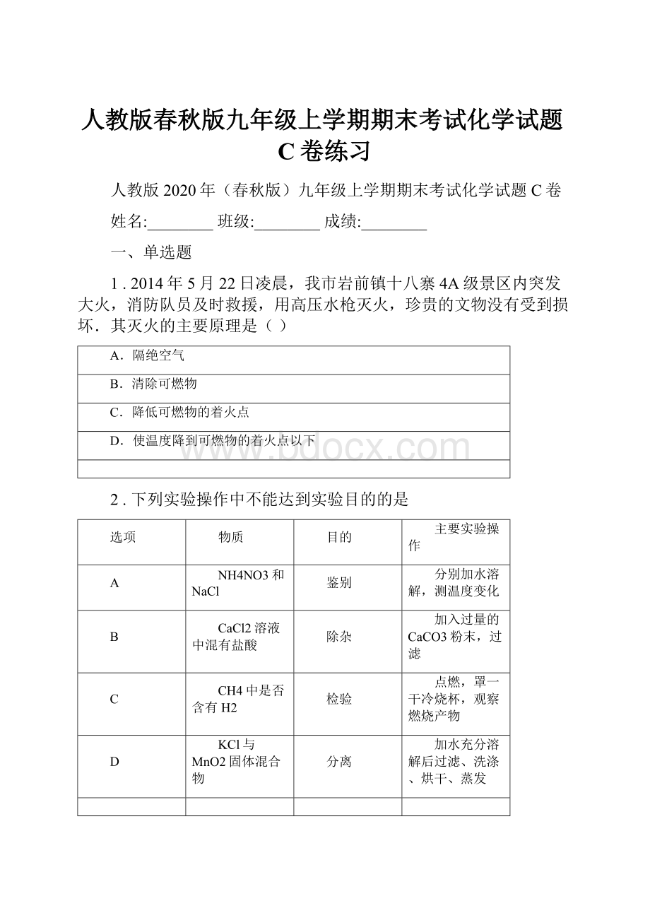 人教版春秋版九年级上学期期末考试化学试题C卷练习.docx