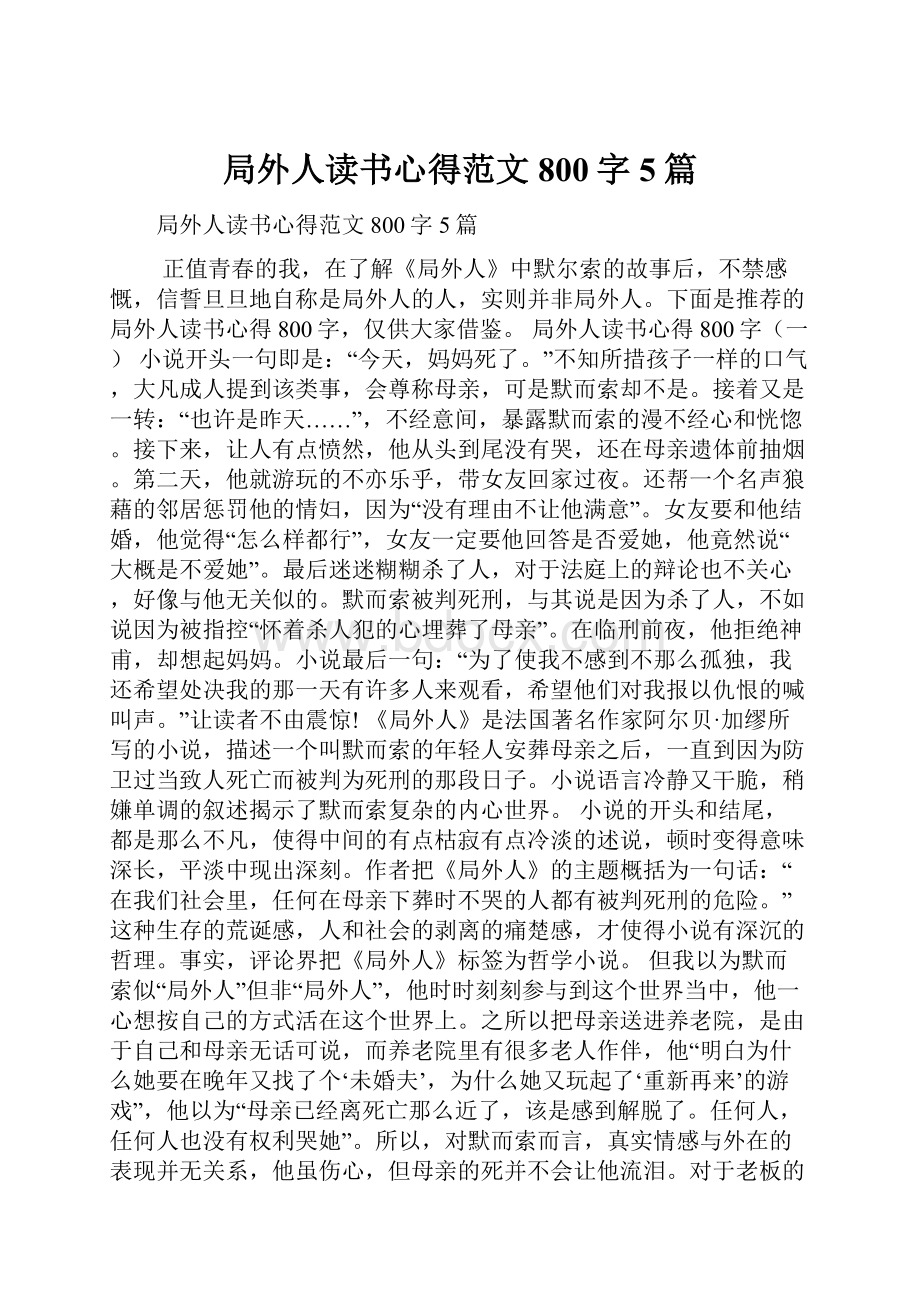 局外人读书心得范文800字5篇.docx