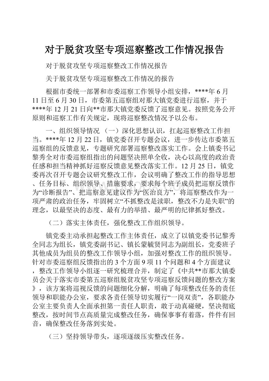 对于脱贫攻坚专项巡察整改工作情况报告.docx_第1页