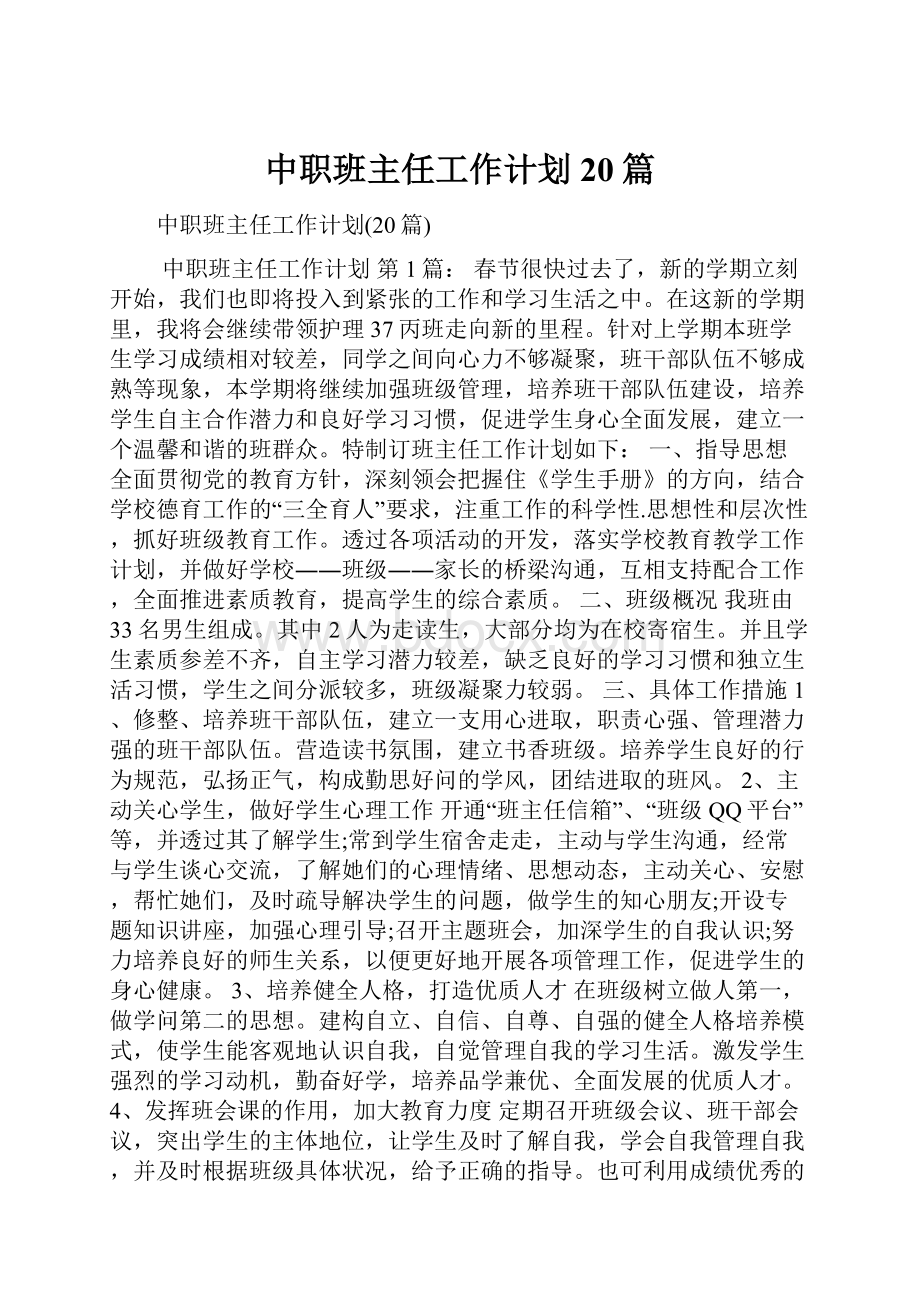 中职班主任工作计划20篇.docx