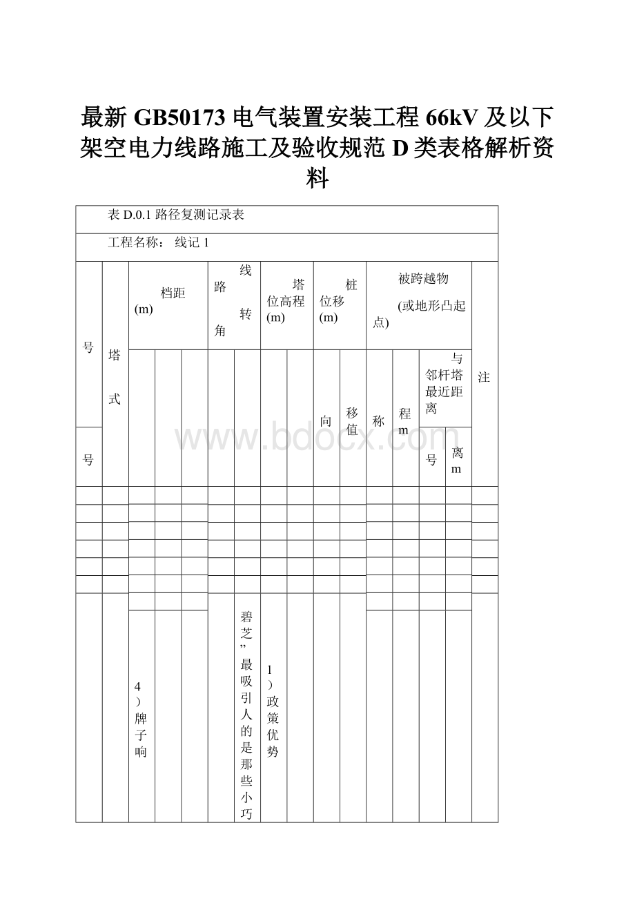 最新GB50173电气装置安装工程66kV及以下架空电力线路施工及验收规范D类表格解析资料.docx