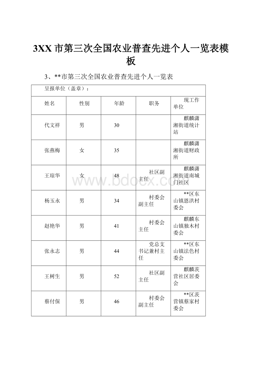 3XX市第三次全国农业普查先进个人一览表模板.docx