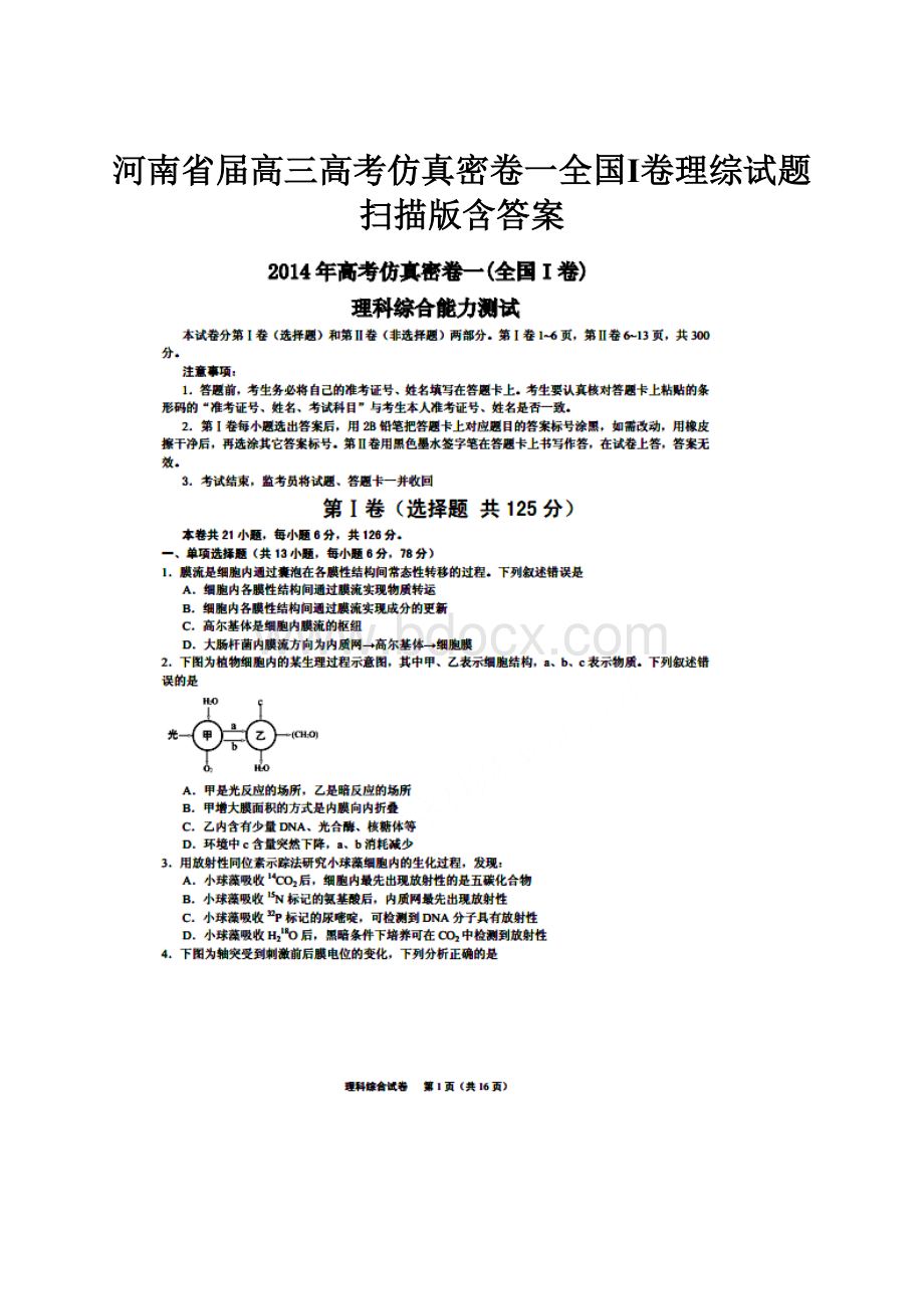 河南省届高三高考仿真密卷一全国Ⅰ卷理综试题 扫描版含答案.docx