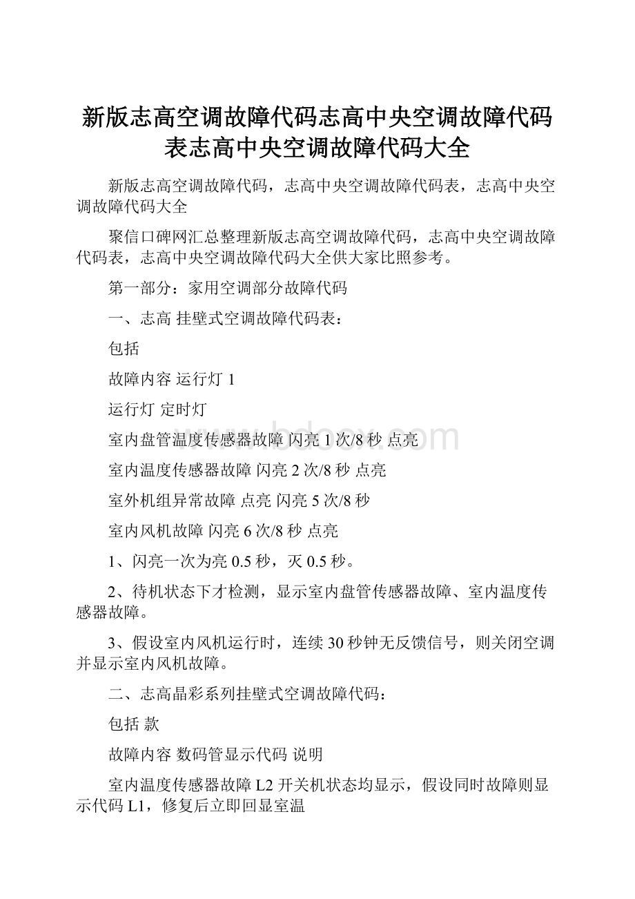 新版志高空调故障代码志高中央空调故障代码表志高中央空调故障代码大全.docx