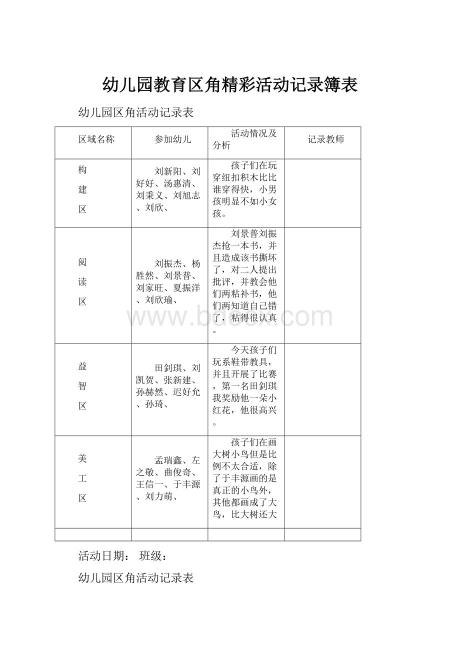 幼儿园教育区角精彩活动记录簿表.docx_第1页