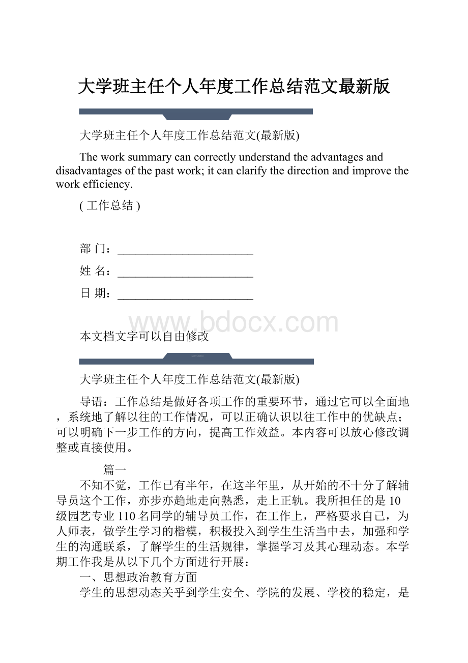 大学班主任个人年度工作总结范文最新版.docx