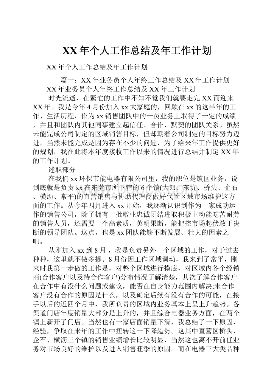 XX年个人工作总结及年工作计划.docx