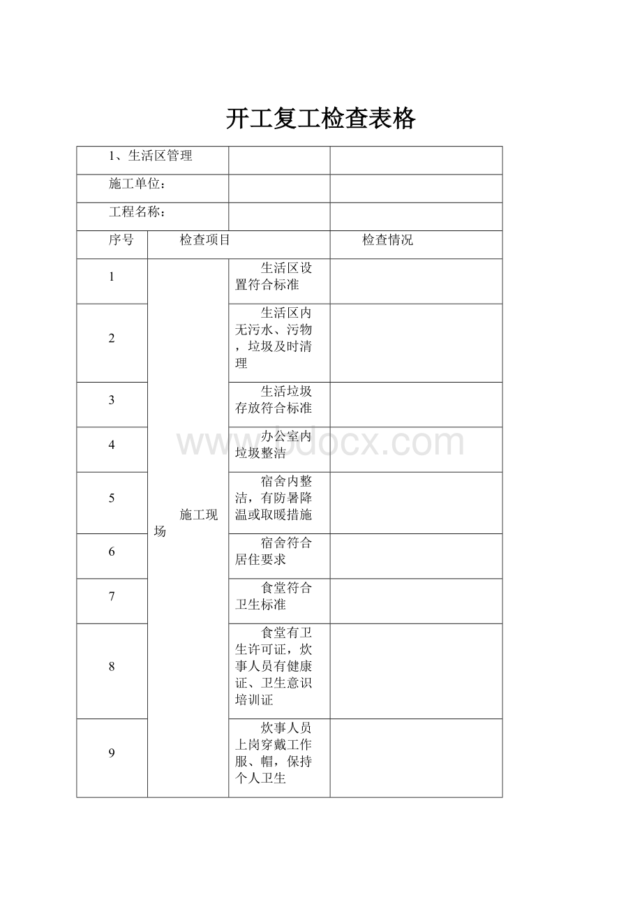 开工复工检查表格.docx