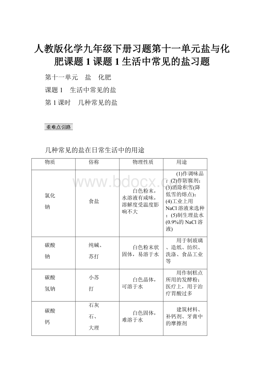 人教版化学九年级下册习题第十一单元盐与化肥课题1课题1生活中常见的盐习题.docx