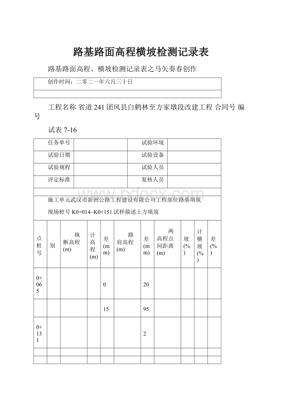 路基路面高程横坡检测记录表.docx_第1页