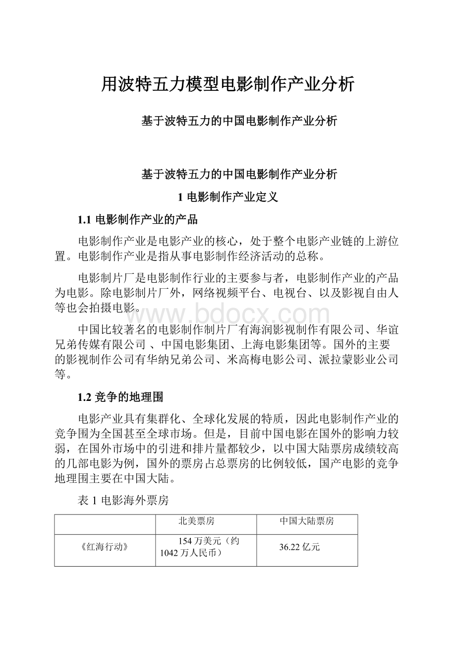 用波特五力模型电影制作产业分析.docx