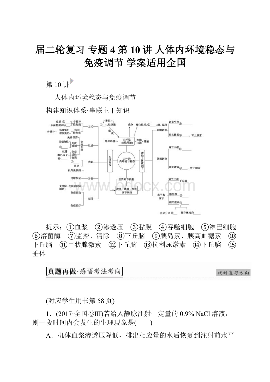 届二轮复习 专题4 第10讲 人体内环境稳态与免疫调节 学案适用全国.docx_第1页