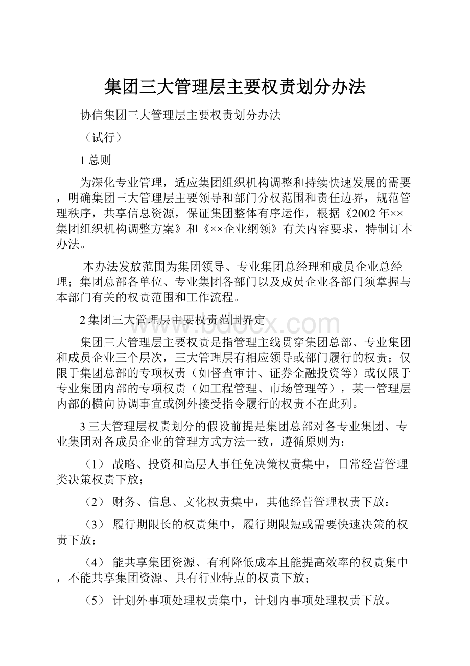 集团三大管理层主要权责划分办法.docx