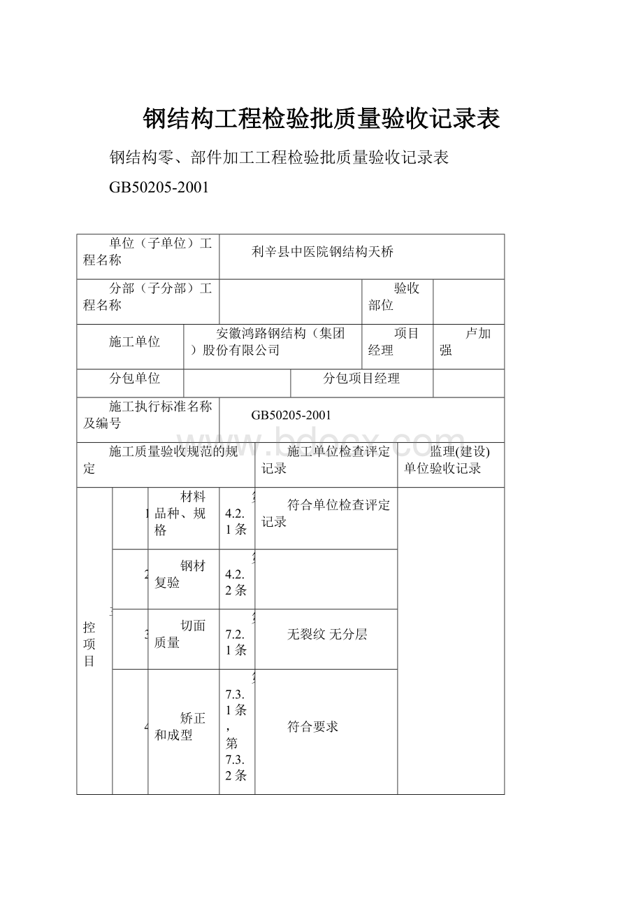 钢结构工程检验批质量验收记录表.docx_第1页