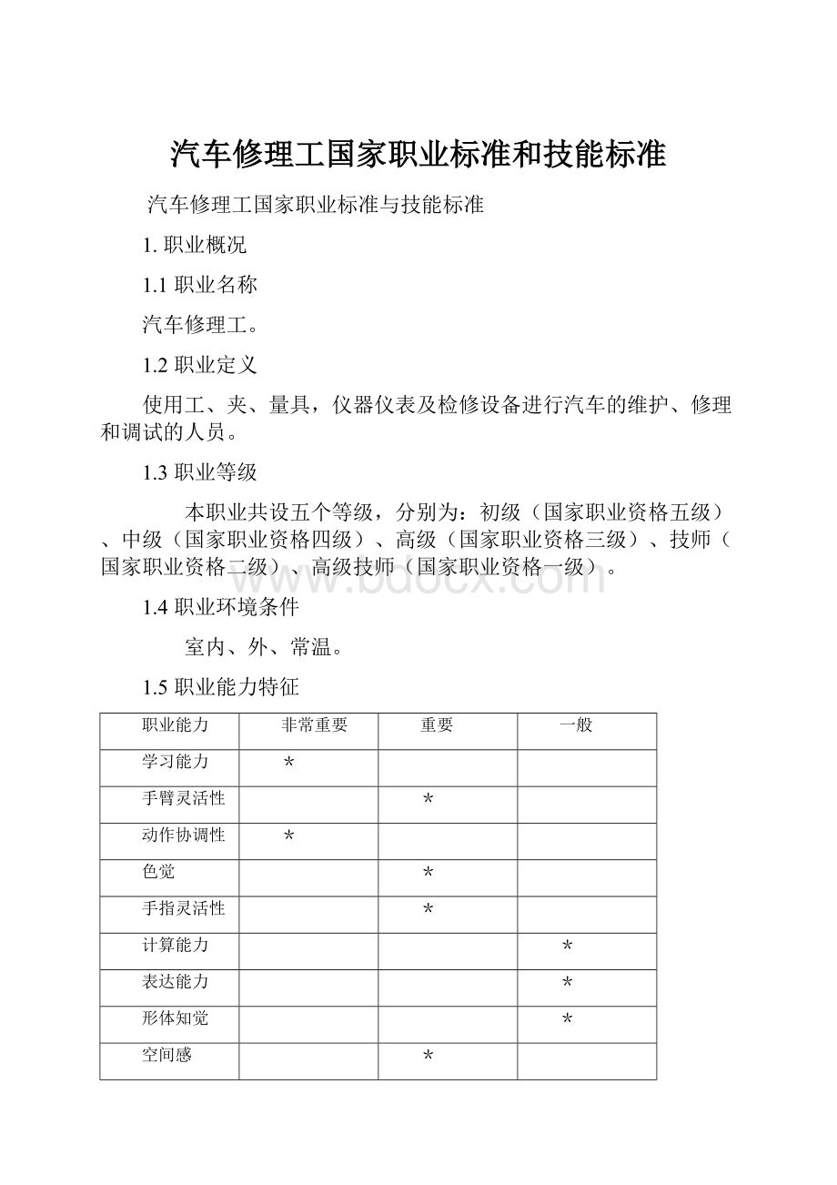 汽车修理工国家职业标准和技能标准.docx