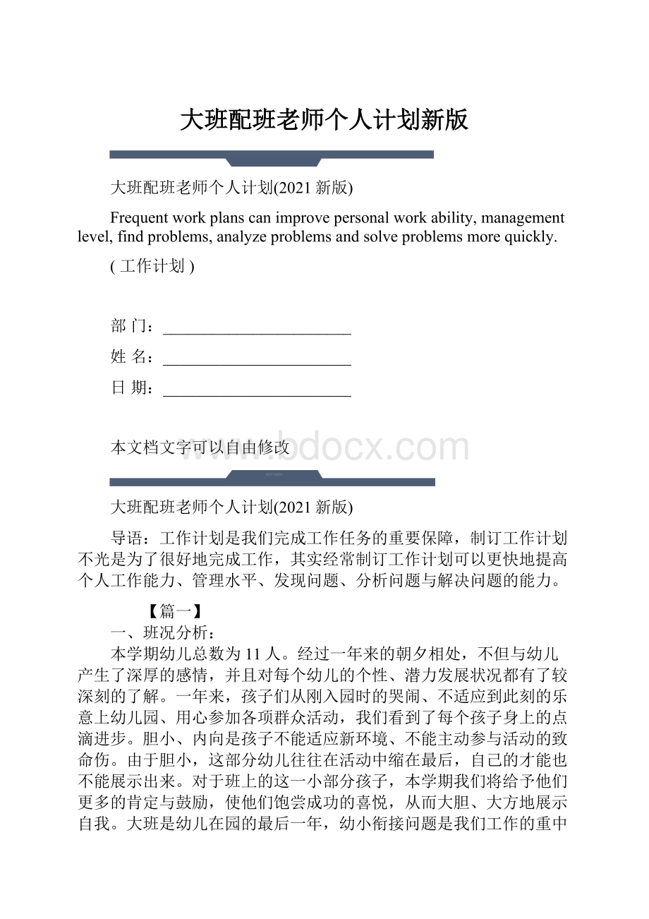 大班配班老师个人计划新版.docx