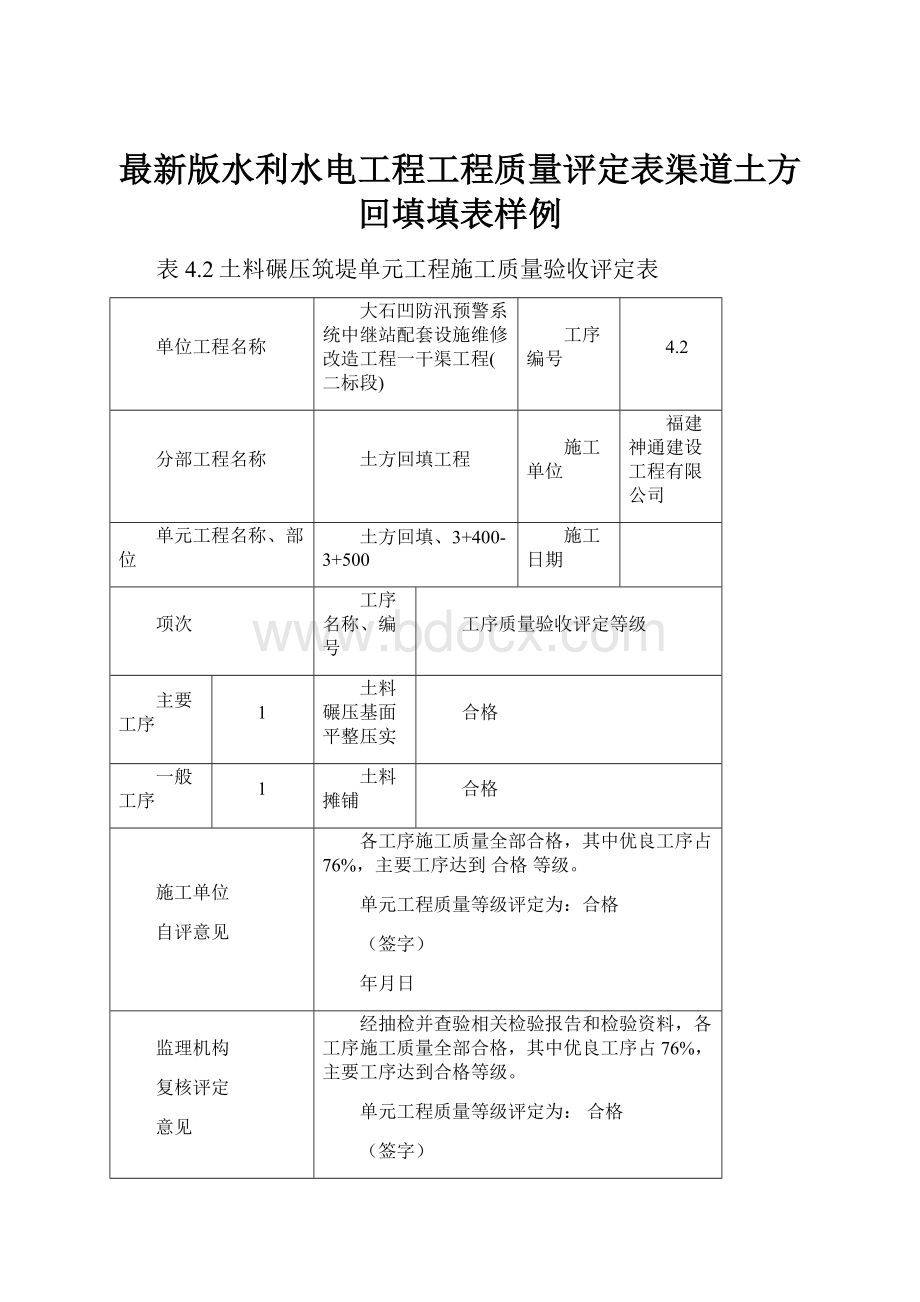 最新版水利水电工程工程质量评定表渠道土方回填填表样例.docx