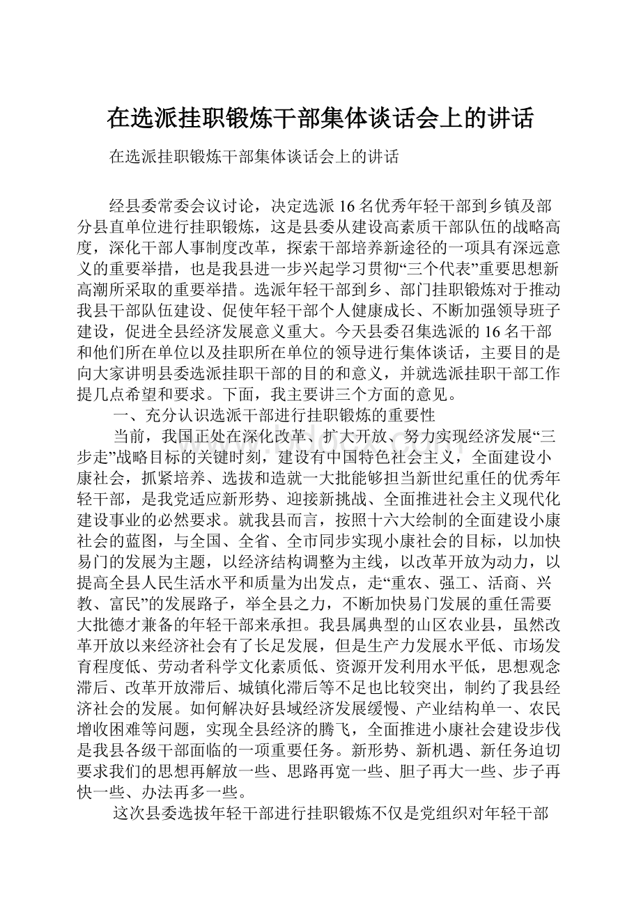 在选派挂职锻炼干部集体谈话会上的讲话.docx