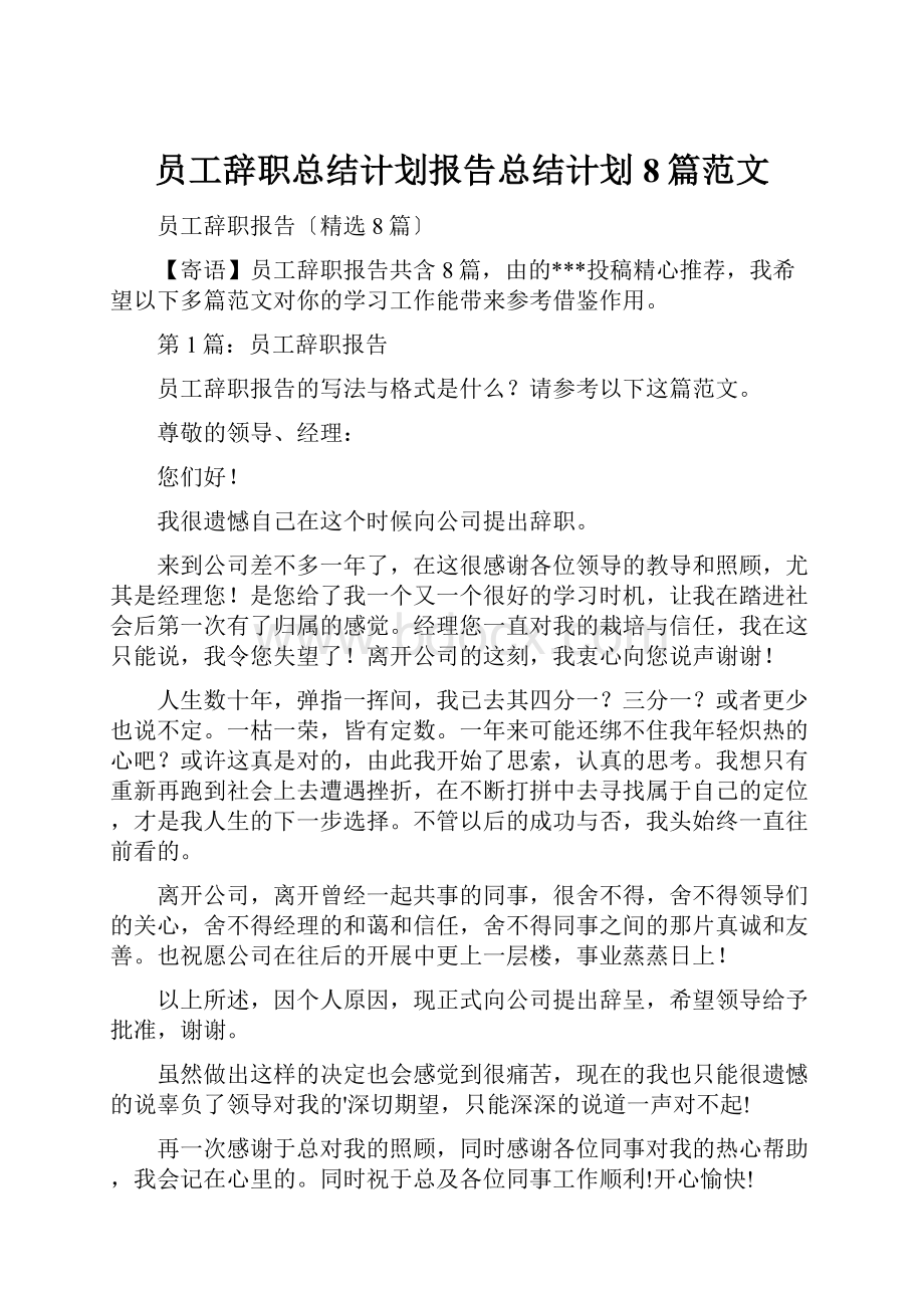 员工辞职总结计划报告总结计划8篇范文.docx