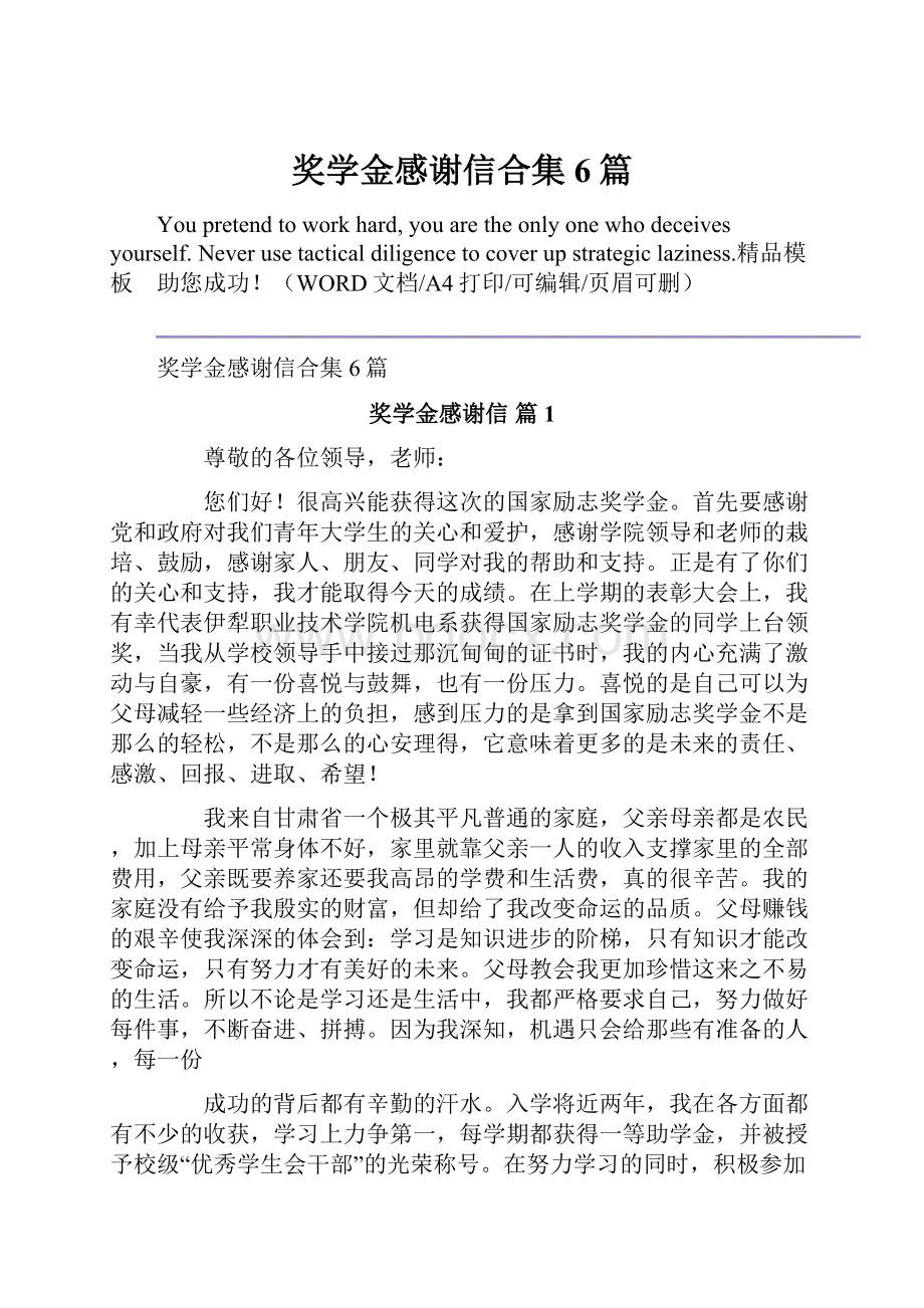 奖学金感谢信合集6篇.docx