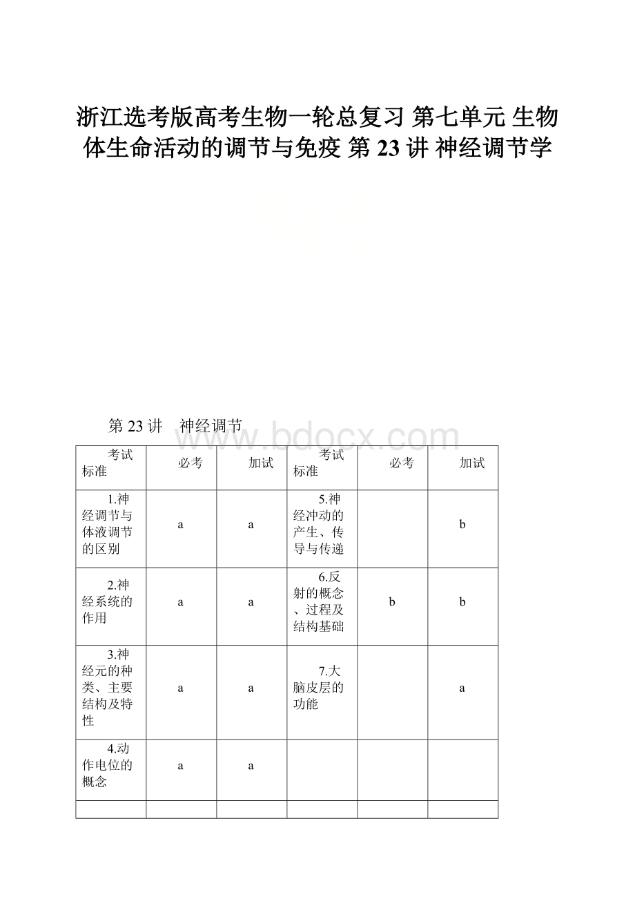 浙江选考版高考生物一轮总复习 第七单元 生物体生命活动的调节与免疫 第23讲 神经调节学.docx_第1页