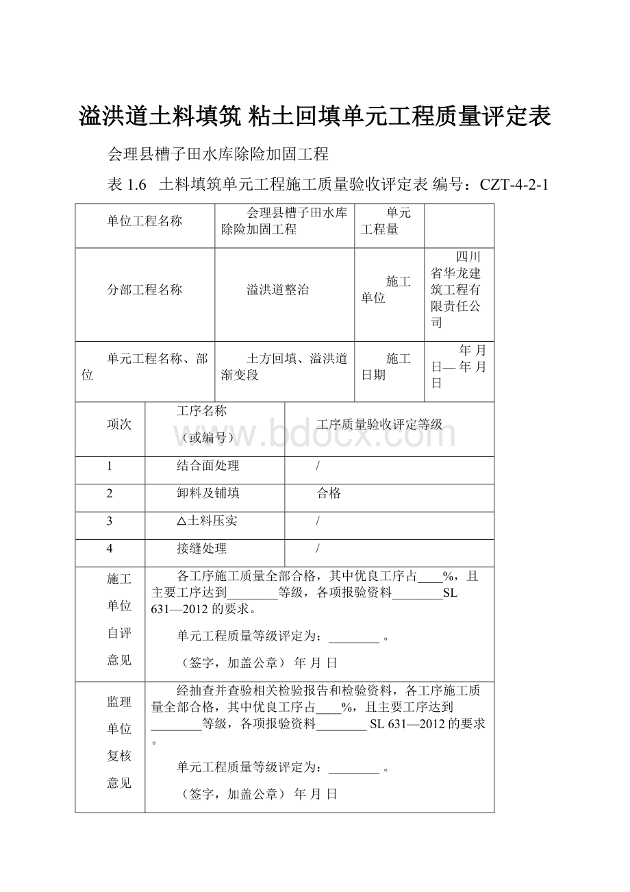 溢洪道土料填筑粘土回填单元工程质量评定表.docx