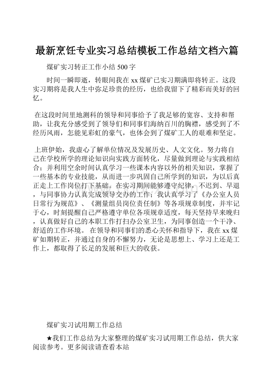 最新烹饪专业实习总结模板工作总结文档六篇.docx