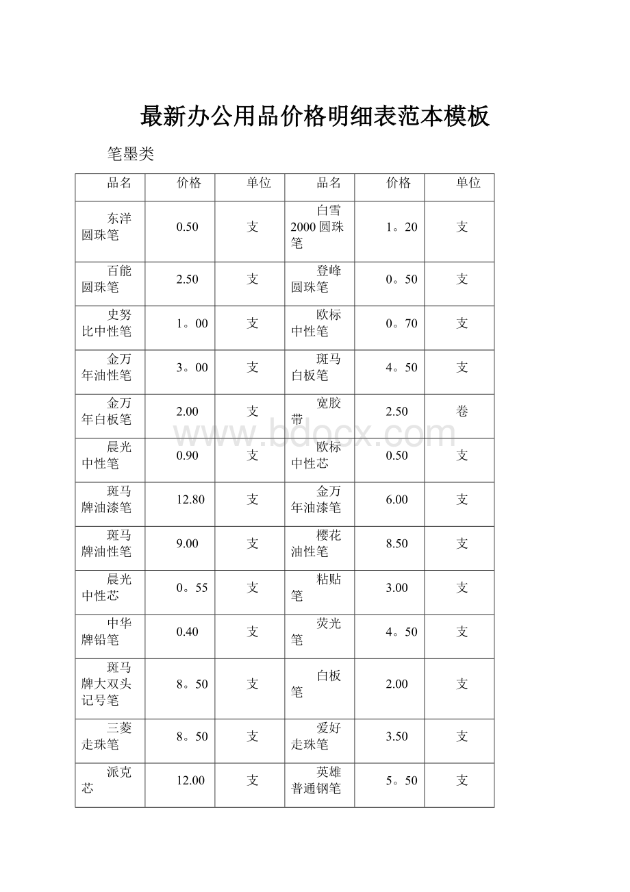 最新办公用品价格明细表范本模板.docx