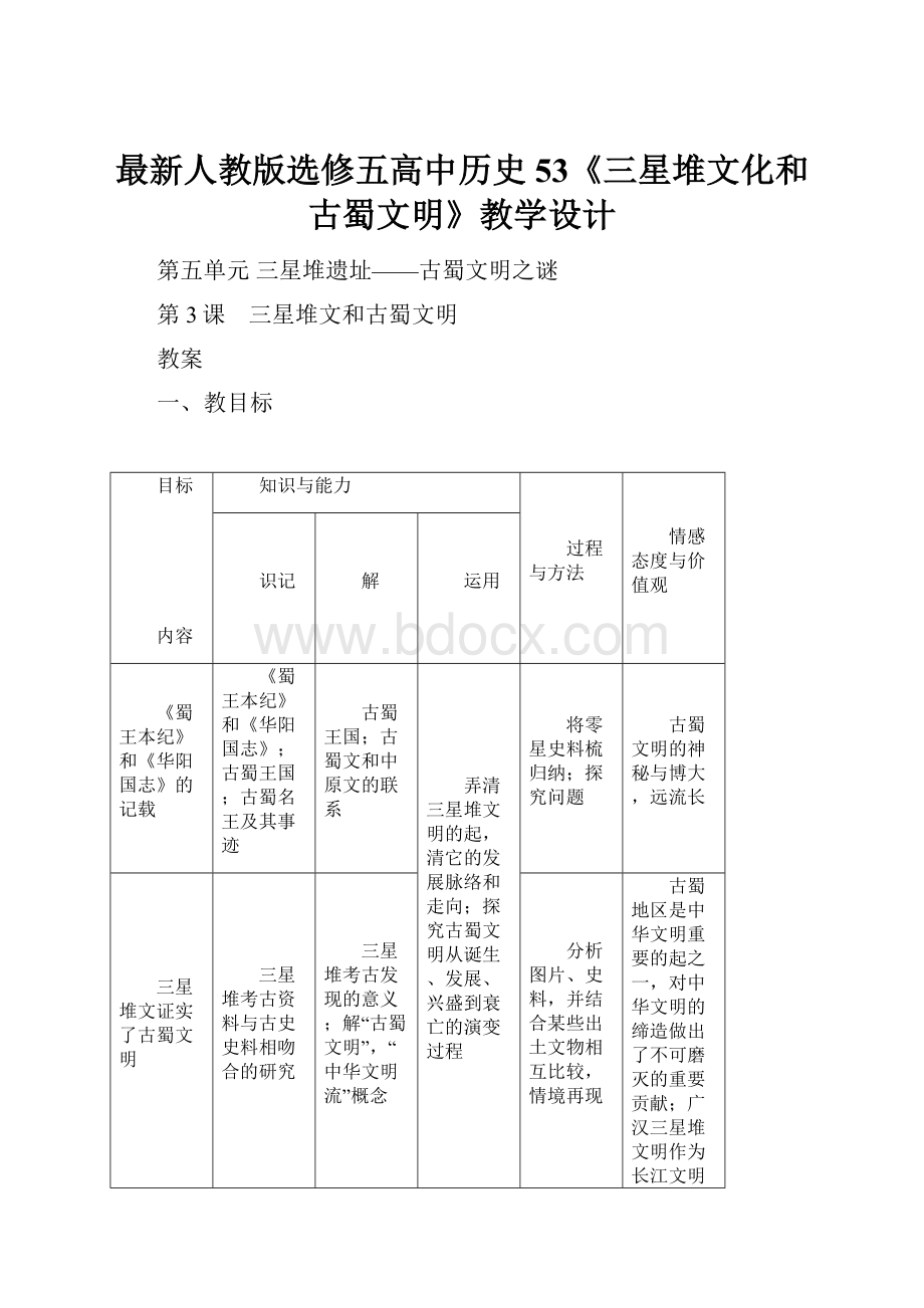 最新人教版选修五高中历史53《三星堆文化和古蜀文明》教学设计.docx