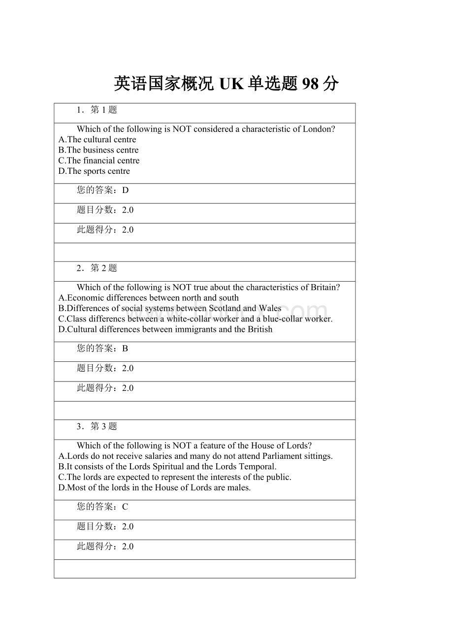 英语国家概况UK单选题98分.docx