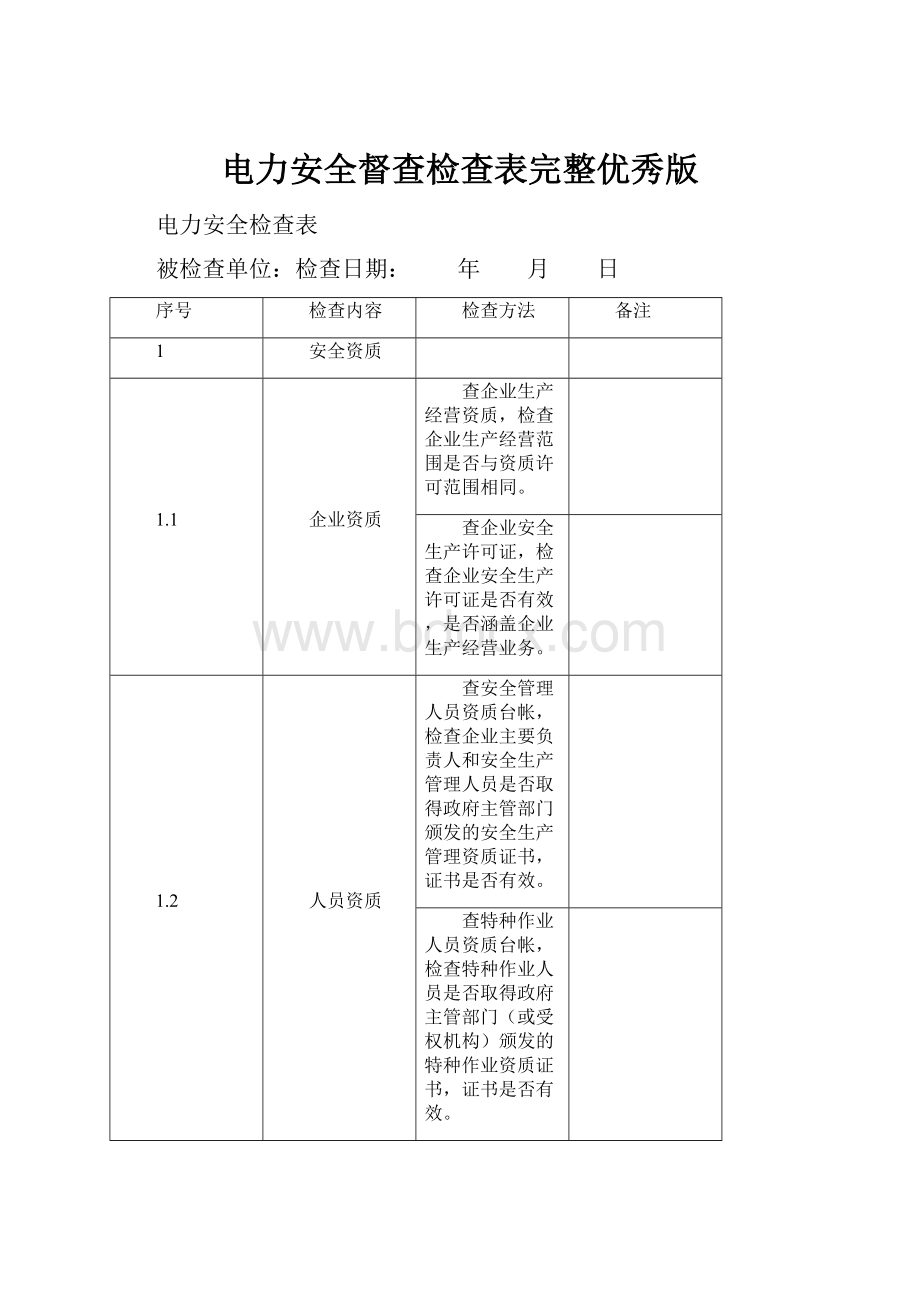 电力安全督查检查表完整优秀版.docx