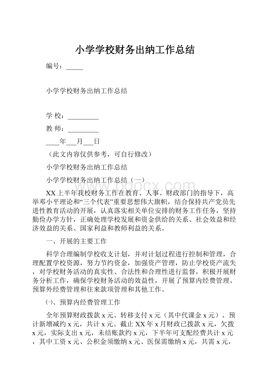 小学学校财务出纳工作总结.docx