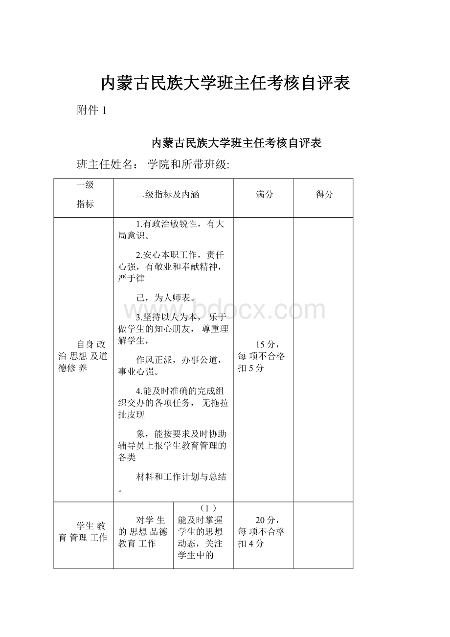 内蒙古民族大学班主任考核自评表.docx