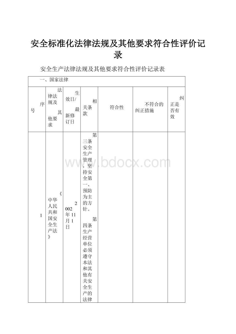 安全标准化法律法规及其他要求符合性评价记录.docx