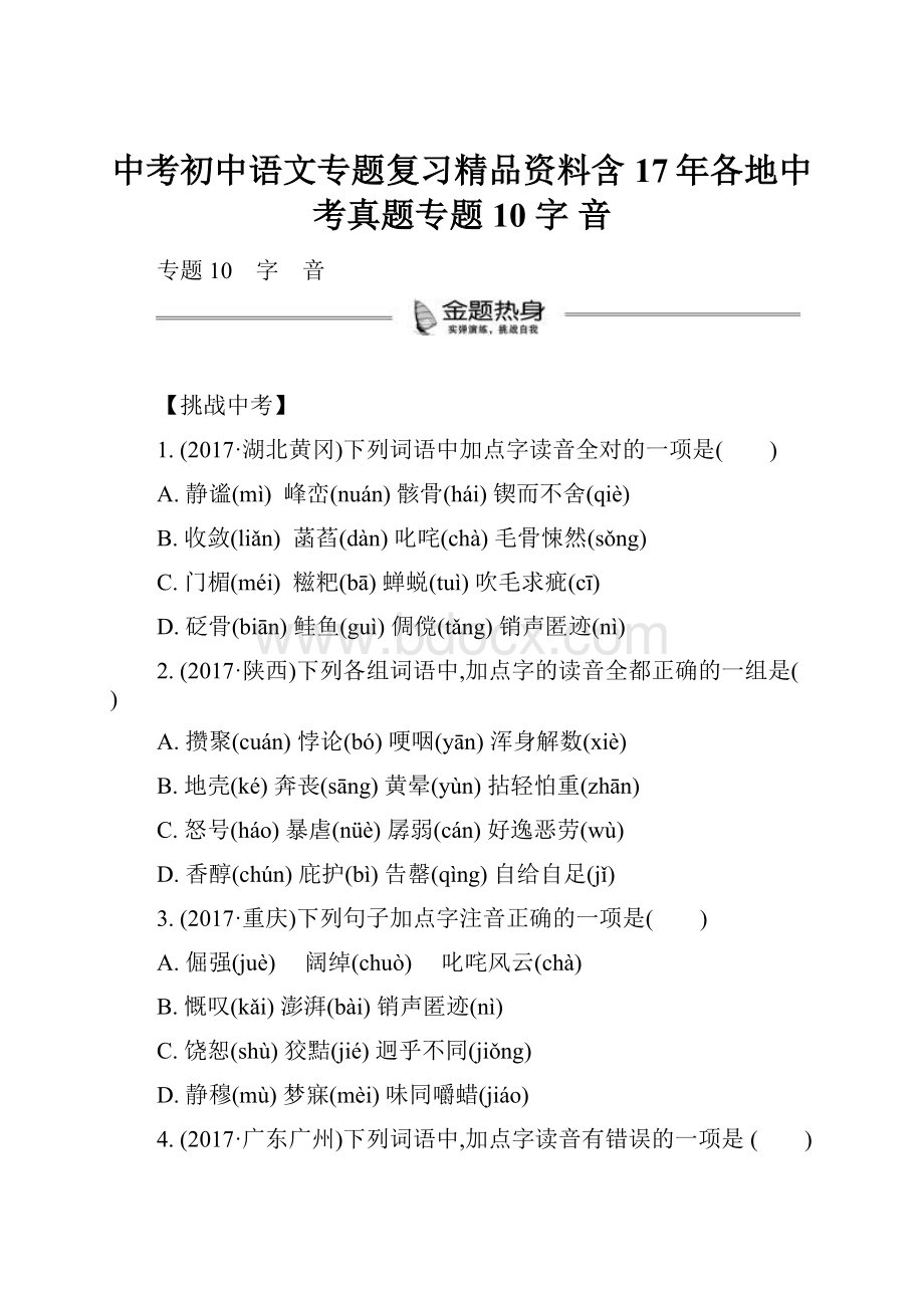 中考初中语文专题复习精品资料含17年各地中考真题专题10 字 音.docx