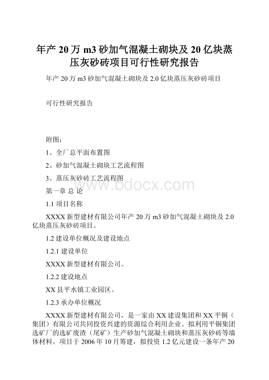 年产20万m3砂加气混凝土砌块及20亿块蒸压灰砂砖项目可行性研究报告.docx