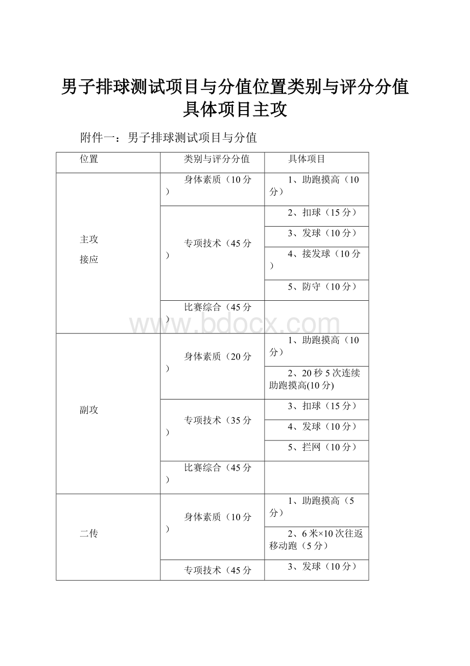 男子排球测试项目与分值位置类别与评分分值具体项目主攻.docx