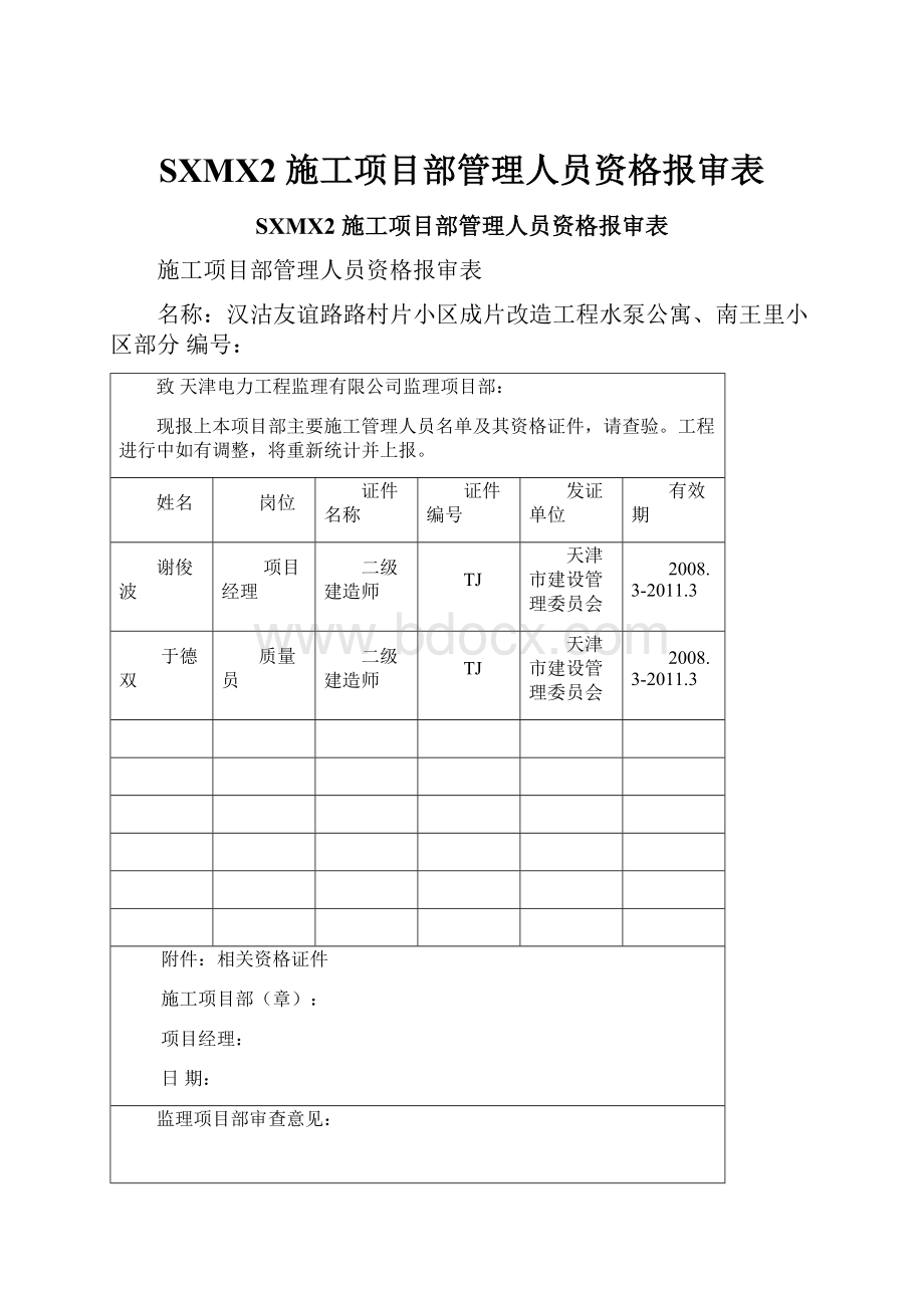 SXMX2施工项目部管理人员资格报审表.docx